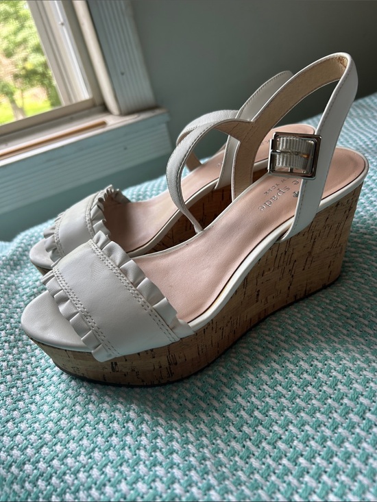 kate spade Shoes - kate spade White Ruffle Front Cork Wedge Sandals